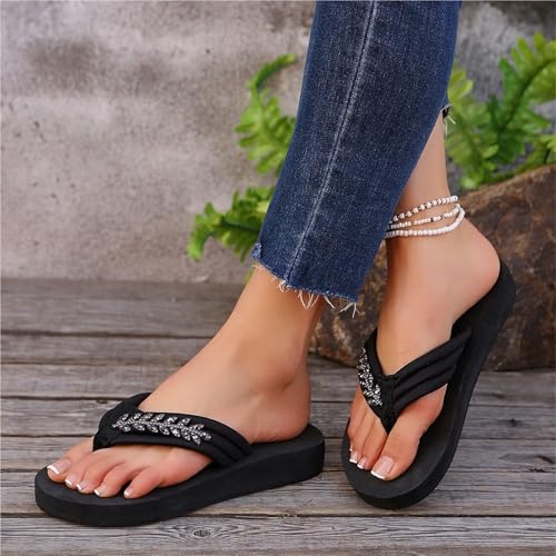 Flip Flops With Rhinestones For Women Thick Sole Med Heel Slippers Woman3