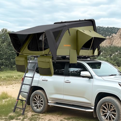 Sanhima Rooftop Tent Hard Shell - Jervis Overland Aluminium ABS Roof Top Tent w/Stargaze Window & LED Strip Light for Car SUV Truck Camping, 2-3 People (Army Green)