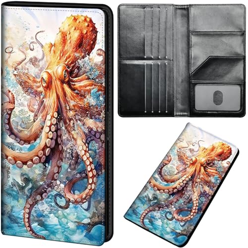 Qindaiwen Slim Women’s Wallet Bifold PU Leather Card Holder with ID Window, Thin Long Ladies Billfold with Card Slots & Cash Pocket, Big Octopus