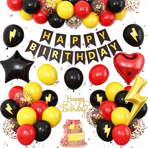 Red Black Yellow Birthday Decorations for Boys,Cartoon Birthday Party Balloons with Star Heart Foil...