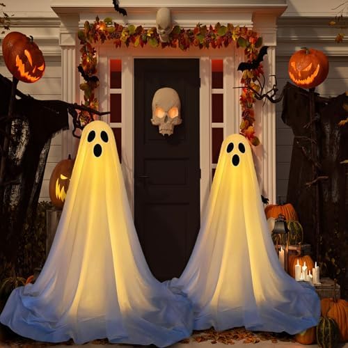 Thick&Thin 2 Pack Halloween Decorations Outdoor Light Up Ghost Kit, Spooky Decor with String Lights Battery Operated,Halloween Yard Decorations,Ghost Decorations for Front Porch