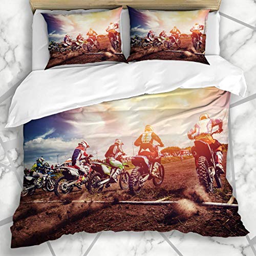 Funda nórdica Conjuntos Dirt Cross Atletas del equipo en bicicletas de montaña Inicio de Freestyle Motocross Recreación deportiva Moto Jump Ropa de cama de microfibra con 2 fundas de almohada