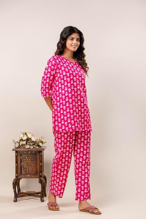 Image of Pure Cotton Printed Night Suit Set | Top Pyjama Set for Women | Night Dress of Kurta Pyjama Set for Women | Kurta Top Set