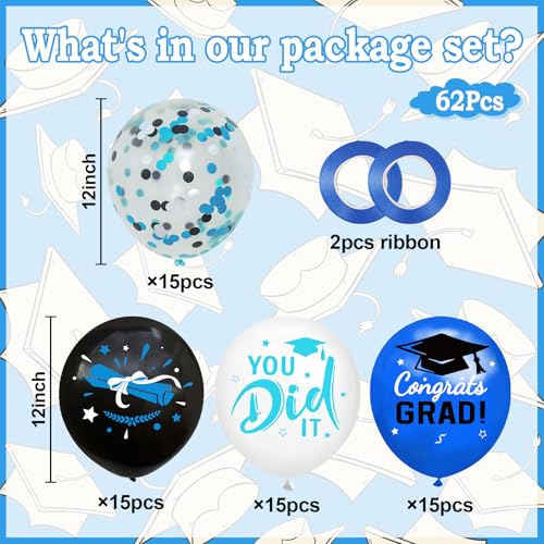 Image of Graduation Decorations 2026 - Graduation Balloons 62pcs 12 Inch Blue Black White Grad Print Latex Confetti Balloons for College High School Class of 2026 Congrats Grad Party Decor Supplies (Ribbon)