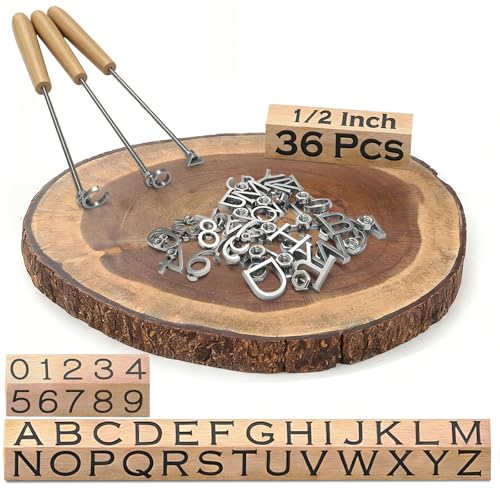36Pcs 1/2 Inch Branding Iron Set,Stainless Steel Letter Number Branding Kit with 26 Letters A-Z,10 Numbers 0-9,3 Heating Rods & Anti-Scald Gloves,Reusable Wood Burning Stamp for Wood,Leather,BBQ