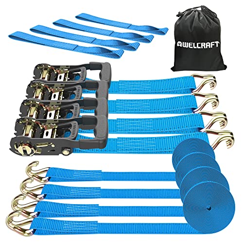 Awelcraft Ratchet Straps (4Pk) - 4500Lbs Breaking Strength 1.5''×15' Heavy Duty Tie Down Straps With Padded Handles, Double J Hooks & Soft Loops For Moving Motorcycle, Trailer & Trucks (Blue) #TOP24