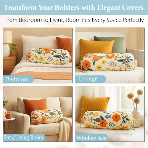 Image of GLUN Pack of 4 Multicolour Flower Printed Round Bolster Pillow Covers, Size 16 inch x 30 inch (40 x 75 cm, Cream) Printed Polyester Silk Fabric for Living Room or Bedroom, Stylish & Modern Covers