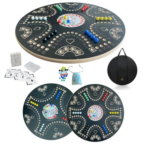 JackarooJoker Jakaro Board Game 51 cm Round Board 4-6 Players Double-Sided Black with Marbles Cards and Travel Bag