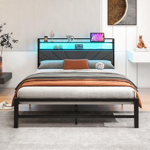 VERFARM Cama tapizada de metal de 140 x 200 cm, marco de cama doble con LED y base de carga, marco de cama con espacio de almacenamiento, cama juvenil, cama de invitados, cama con cabecero, perfecta