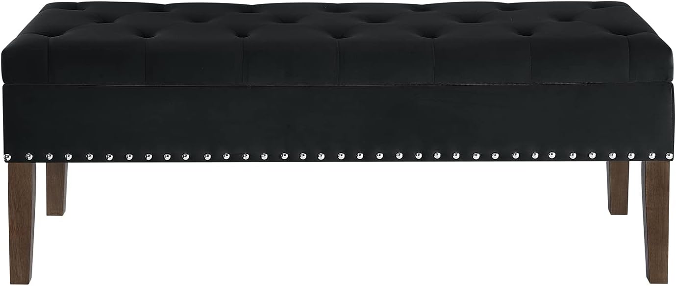 24KF Velvet Modern Upholstered Tufted Button Storage Bench with Studded Nails for Living Room 5076 - Black