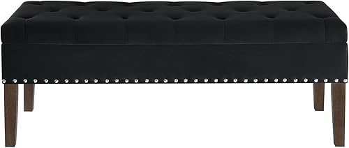 Miniatura 6 de 24KF Banco de almacenamiento tapizado de terciopelo con botones copetudos y clavos tachonados para sala de estar, color negro Banco de
