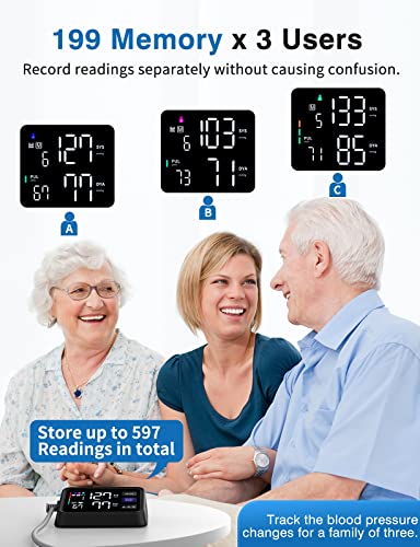 Automatic Blood Pressure Monitor Upper Arm with Large Backlit Display, Accurate Digital BP Monitor with Adjustable Cuff 8.7"-16.5", 3x199 Sets Memory, Include Batteries and Type C Cable - Image 5