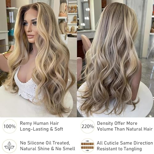Image of Balayage Highlight Ash Blonde Lace Front Wigs Human Hair 250% Density Body Wave Ombre Human Hair 13x6 Skinliked UHD Transparent Lace Wigs Handmade Balayage Jewish Wig 26 Inch