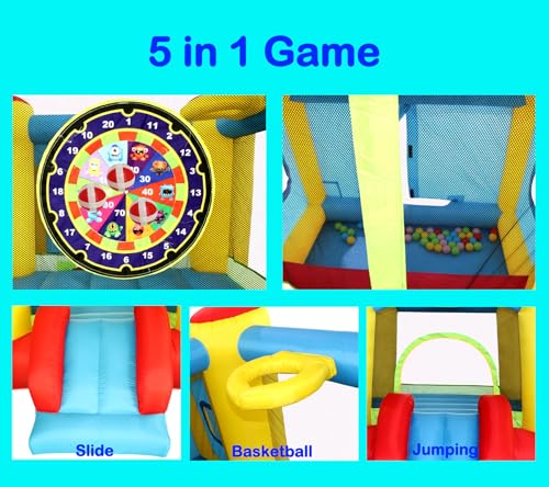 WELLFUNTIME Inflatable Bounce House with Blower, Jumping Castle Slide, Kids Bouncer with Ball Pit, Basketball Rim, Dart Target Game