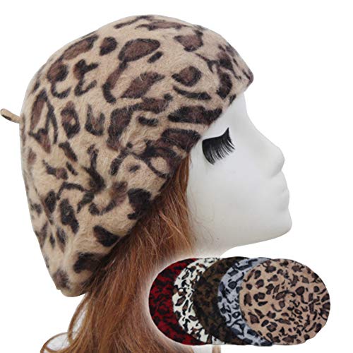 Yakefj Women’s French Style Vintage Leopard Print Wool Soft Winter Warm Beret Beanie Hat Camel #TOP1
