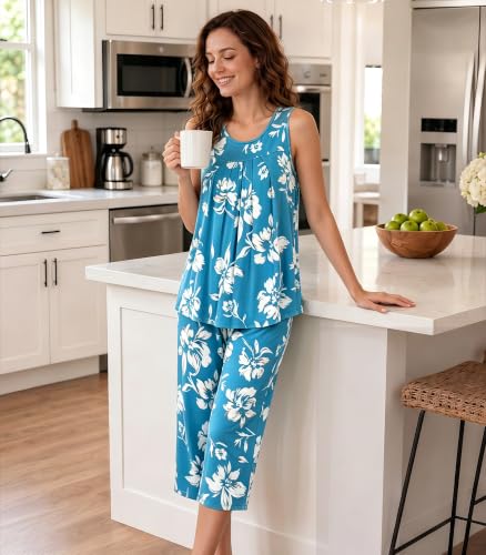 Image of NACHILA Pajamas for Women-Viscose Made from Bamboo, Sleeveless Pjs Tank Top Capri Pants Pajama Sets Cooling Sleepwear