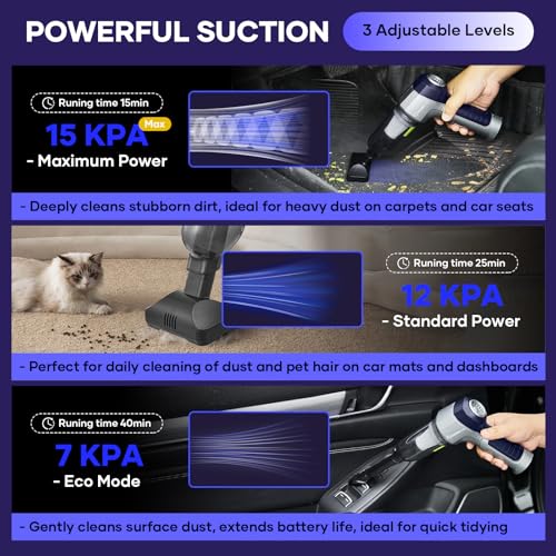 Image of SakerPlus Mini Vacuum Cleaner, 3 in 1 Car Vacuum Cleaner High Power, 15000PA Powerful Suction, Air Duster, 7500mAh, Dual Filter,Adjustable Small Vaccum Portable Cordless for Cars,Desktop - Deep Blue