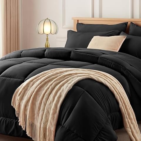 Newspin Full Bed in a Bag - 7 Pieces Black Comforter Set, All Season Ultra Soft Bedding Comforter Set with Comforter, Flat Sheet, Fitted Sheet, Pillowcases & Shams Cover
