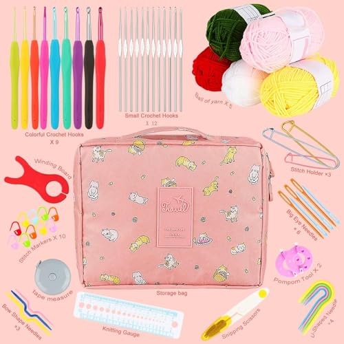 Image of The Wooly Wonders Beginners Crochet Kit, Adults Include 5 Yarns, 59pcs Crochet Starter Kit for Beginners Kids, Crochet Hooks, Stitch Markers, Storage Bag, All in One Multi