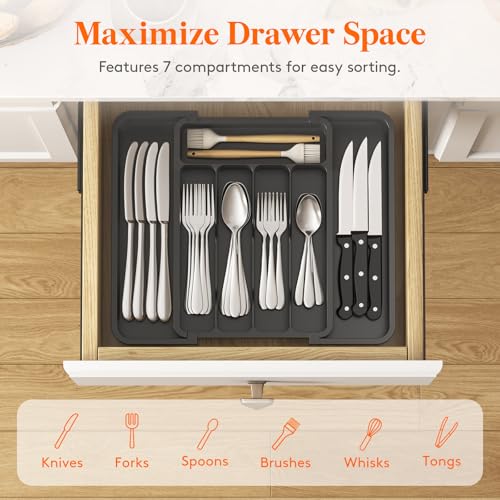 Lifewit Silverware Drawer Organizer, Expandable Utensil Tray for Kitchen, BPA Free Flatware and Cutlery Holder, Adjustable Plastic Storage for Spoons Forks Knives, 8.9-14.7 x 12.2", White - 8