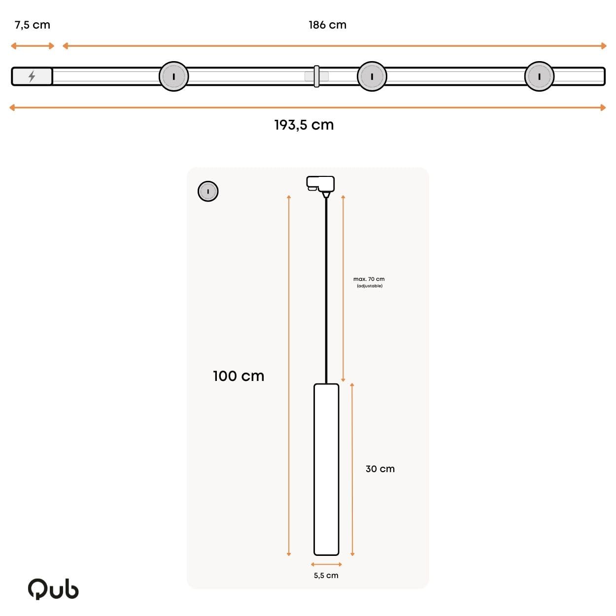 Qub Focus III Monophasé Luminaire Plafonnier LED – 200cm - 3x GU10 Suspension Luminaire - 2x 1m Barre de Spot Plafond – I-Form - Plafonnier intérieur Noir Moderne – Spots et Rails de Spots