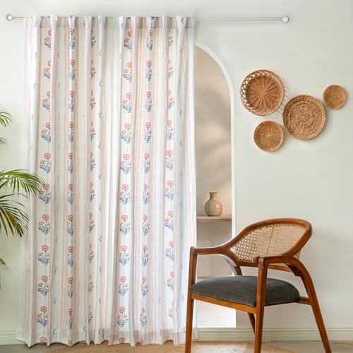 Image of Tranquebar Curtain Co. Cotton Curtains 7 Feet Long Set of 2,60-65% Room Darkening,Coral-Blue Floral Print,Door Curtains 7 Feet Set of 2,Door Curtains 7 Feet Set of 2,BackTabs Dani (213 cm) - Set of 2