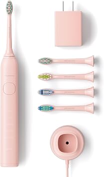 Brushmo Super Sonic Electric Toothbrush with 4 Replacement Heads - Rechargeable Electronic Tooth Brush for Adults with 5 Customizable Modes - IPX7 Waterproof & Long-Lasting Battery Nova Pink