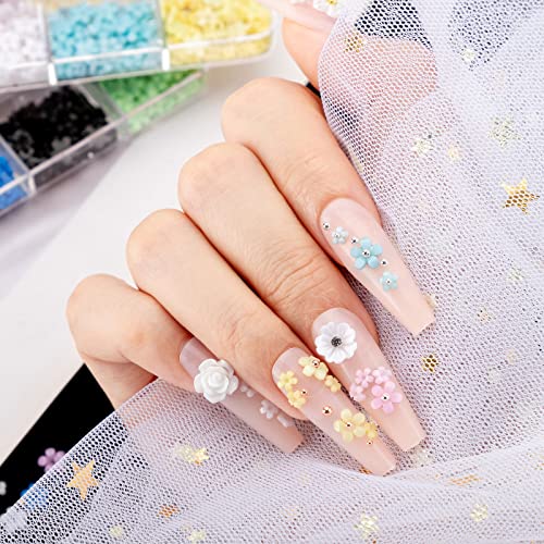 Noverlife 12 Grids 3D Flower Nail Charms, 3D Acrylic Flower Nail Art Rhinestones, 2 Boxes Mixed Color Blossom Spring Nail Jewelry With Gold Silver Pearls For Diy Crafts Women Girls Manicure Decor #TOP4