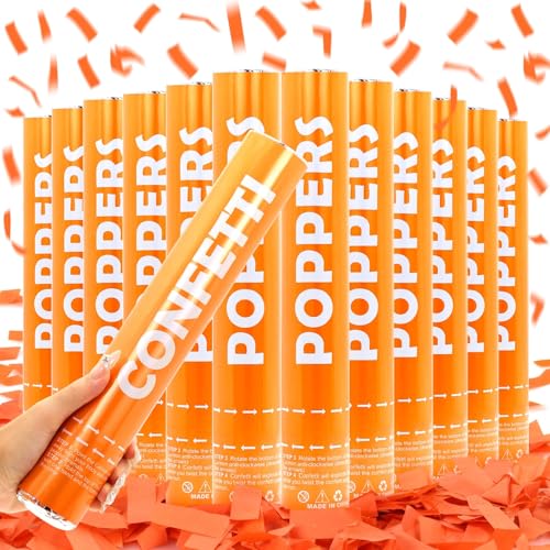 Confetti Cannon Orange 12Pack Party Popper Shooters 12 Inch Confftti Cannnons Launches 20-25ft Biodegradable Confftti Poppers forBirthday,Wedding,Graduation, New Years Eve Celebration