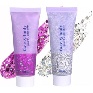 2 Color Face & Body Glitter Gel Makeup Face Hair Glitter Mermaid Sequins Holographic Chunky Glitter for Hair Body Eye Nails Eyeshadow Lasting Sparkling Women Cosmetic (04# 05#)