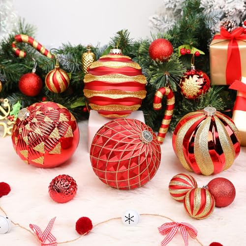 Alupssuc 6 Inch/150mm Large Christmas Balls Ornaments, 4Pcs Christmas Tree Decorations, Shatterproof Christmas Hanging Balls Set with Hooks for X-mas Party Wedding Holiday, Red & Gold