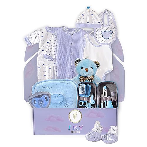 Sky Bliss 20 Piece Baby Gift Set (Blue), Newborn Baby Gift Set, Baby Clothes, Teddy Bear, Pacifier, Baby Grooming kit, Gifts for a New Baby Boy, Baby Boy Newborn Essentials