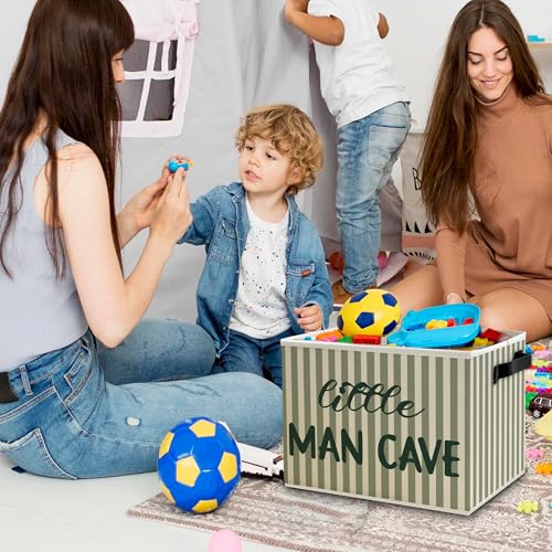 Image of Little Man Cave Boys Storage Bins Box with Handles, Green Stripe Boho Collapsible Basket Organizer for Kids Boys Playroom Nursery Room Bedroom Bathroom Books Clothes