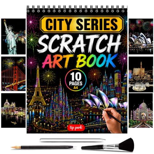 Image of Scratch Art Book for Adults - City Series, 10 Rainbow Art and Crafts for Adults | Adult scratch art & foil art for adults kit | stress relief scratch painting, screen-free travel craft | scratch art adult