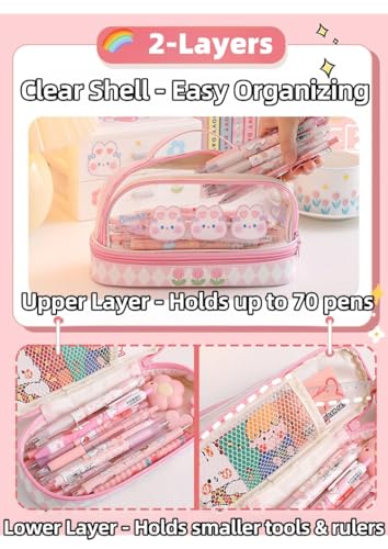 Image of Bunny Pencil Pouch w /Handle Rabbit Kitten Bear Puppy Pen Case Cosmetic Bag Clear Case Transparent Waterproof (Hello-Purple)