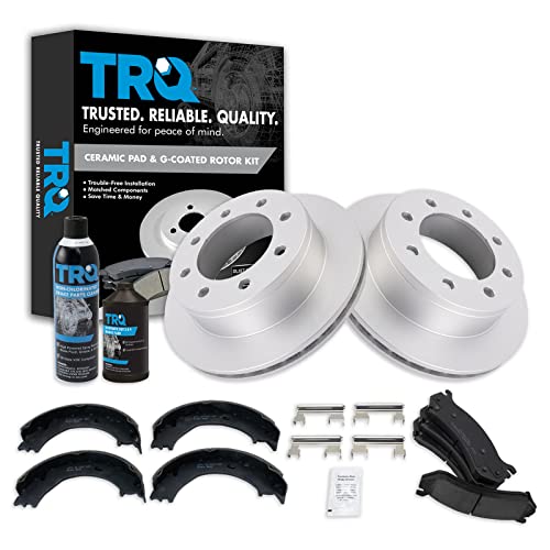 Image of TRQ Rear Ceramic Brake Pad & Coated Rotor with Parking Shoe w /Fluids Compatible with GM SUV