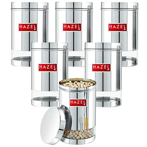 Image of HAZEL Stainless Steel Transparent Glossy Finish See Through Container, 1700 ml, Set of 6