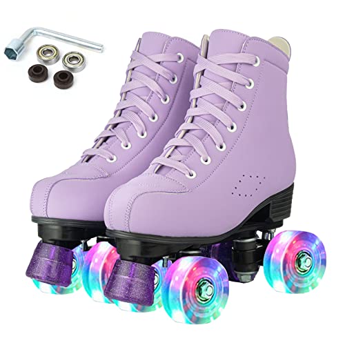 Comeon Roller Skates Women Outdoor High-top Adult Roller Derby Skates Wheels Light Up Roller Skates Double Row Quad Skates for Men Girls Unisex (Purple Flashing Wheel,39)