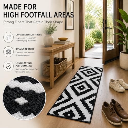 Image of Matz&More Pattern Jacquard Runner Mat | 50x120 CM | Black Offwhite | Nylon Tufted Gel Baking Anti-Slip | Doormat for Home Entrance, Kitchen & Bedroom
