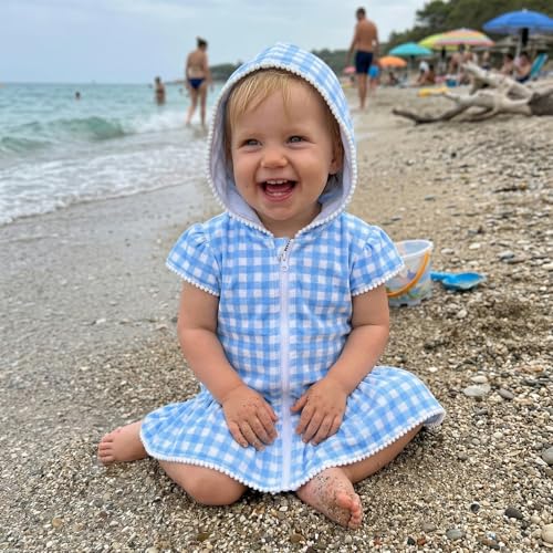 Image of Girls Hooded Terry Coverups One Piece Swimsuits Beach Stripe Trim Zip Up Fly Sleeve Swim Cover Up Swimwear
