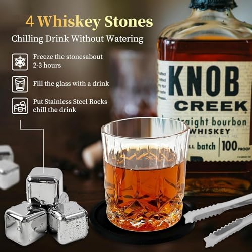 Image of Whiskey Stones and Whiskey Glass Gift Boxed Set, 4 Chilling Whisky Stones,1 Glasses in Wooden Box, Great Gift for Father's Day, Dad's Birthday or Anytime for Dad