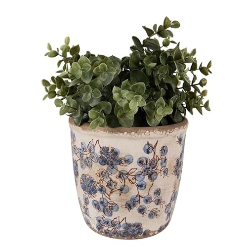 Ceramic Plant Pot Vintage Style Distressed Effect Flower Pot Planter Cachepot with Crackled Glaze & Blue Floral Print Design (Medium)