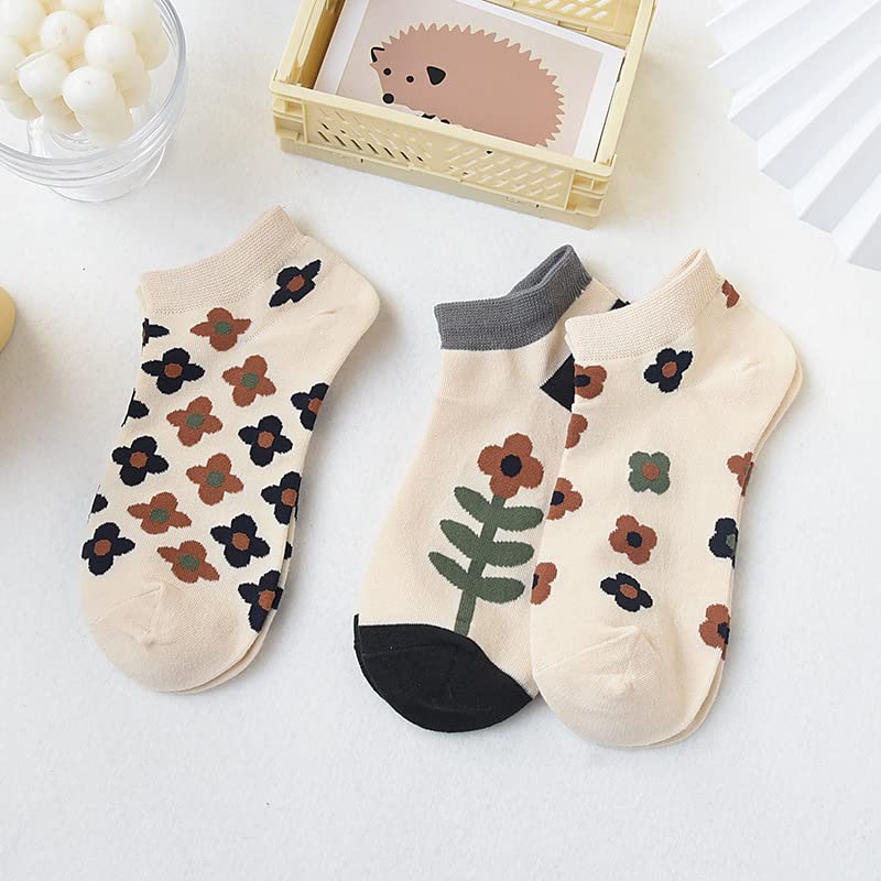 5 Pairs Womens Vintage Crew Socks Floral Plaid Cute Low Cut Socks Flower Patterned Short Socks Fairycore Casual Socks4