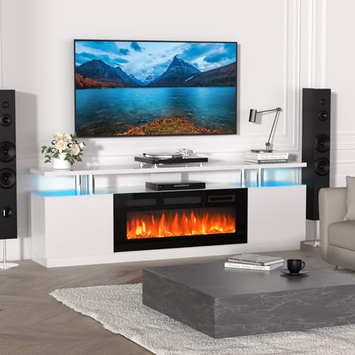 KOKEBREN 70'' Fireplace TV Stand, Entertainment Center with 36'' Firplace, 2 Tier TV Console Cabinet with Storage Cabinet, Electric Fireplace Heater with LED Light and 12 Flame Colors, White - Image 7