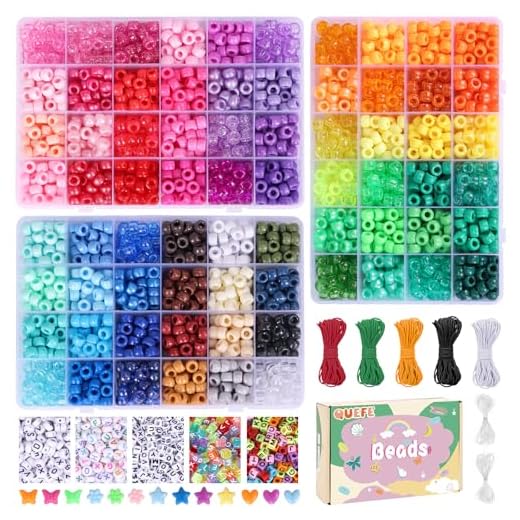 QUEFE 4700pcs, 72 Colors Pony Beads Rainbow Kandi Bead for Bracelets Making Kit, 3600pcs 9mm Plastic Beads and 1000pcs Letter Beads, Alphabet Beads for Bracelets Jewelry Making with Elastic Threads