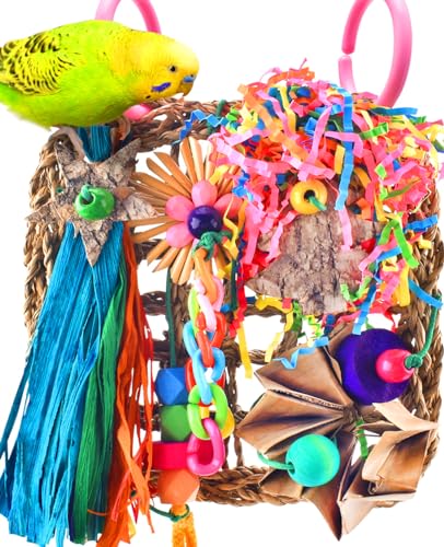 KATUMO Conure Toys, Bird Grass Mat Parakeet Shredder Hanging Toy Cockatiel Foraging Entertainments Parrot Climbing Wall Chewy Lovebird Cage Playthings for Small to Medium Birds