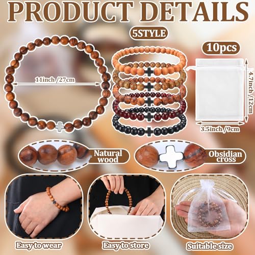 10 Sets Orthodox Prayer Beads Adjustable Christian Bracelet with Organza Bag Orthodox Prayer Rope Cross Beads Bracelet for Women Men Wooden Healing Lava Rock Stretch Jewelry for Religious Gift2