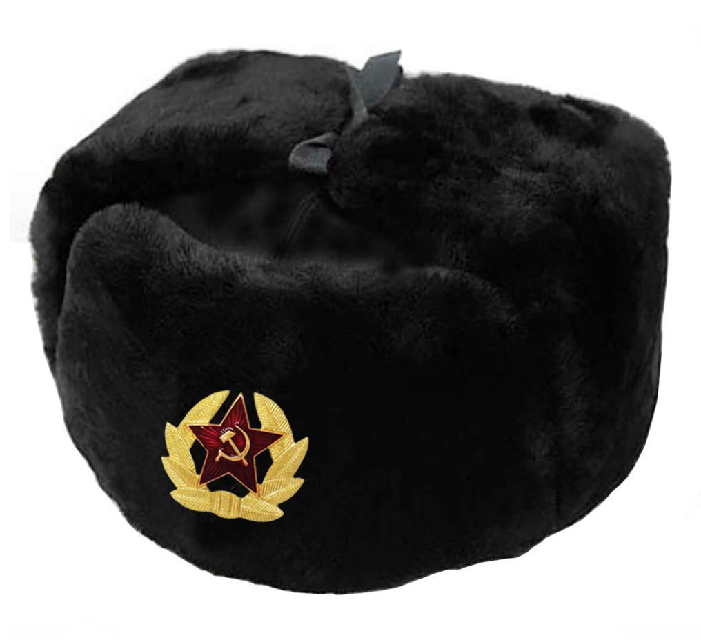 Cucuba® Original WAR HAT Black Cap Russian Ushanka Soviet for Winter Cold with Russian Army Badge - Gift IDEA (Size: 62 Size XXL (EU))