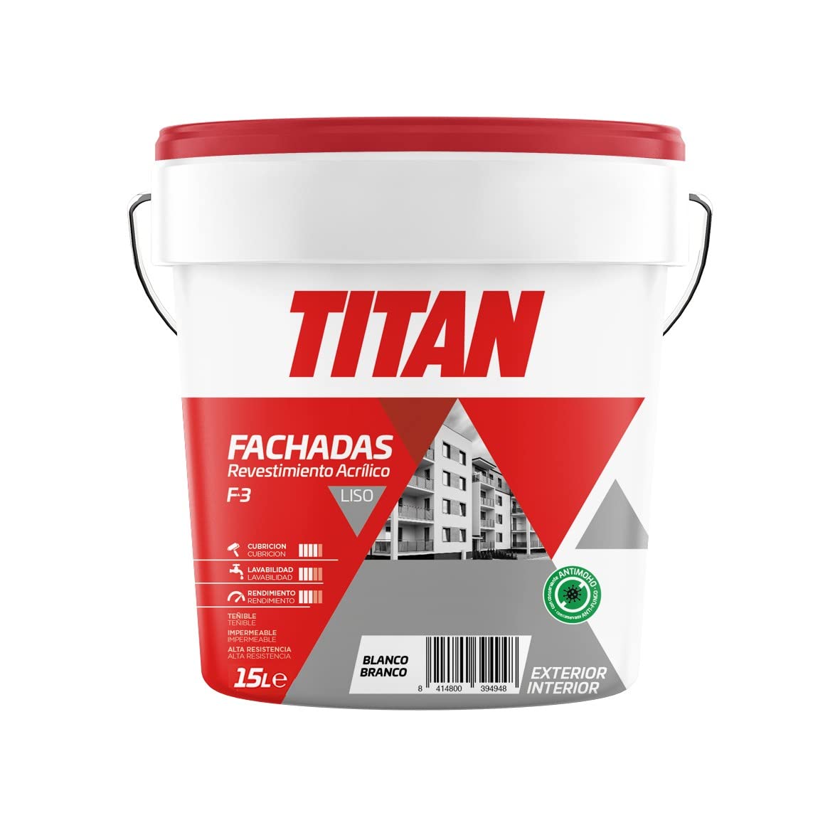 Titan - Pintura F3 Revestimiento Acrílico Liso - Interior exterior- Blanco mate - 15 L