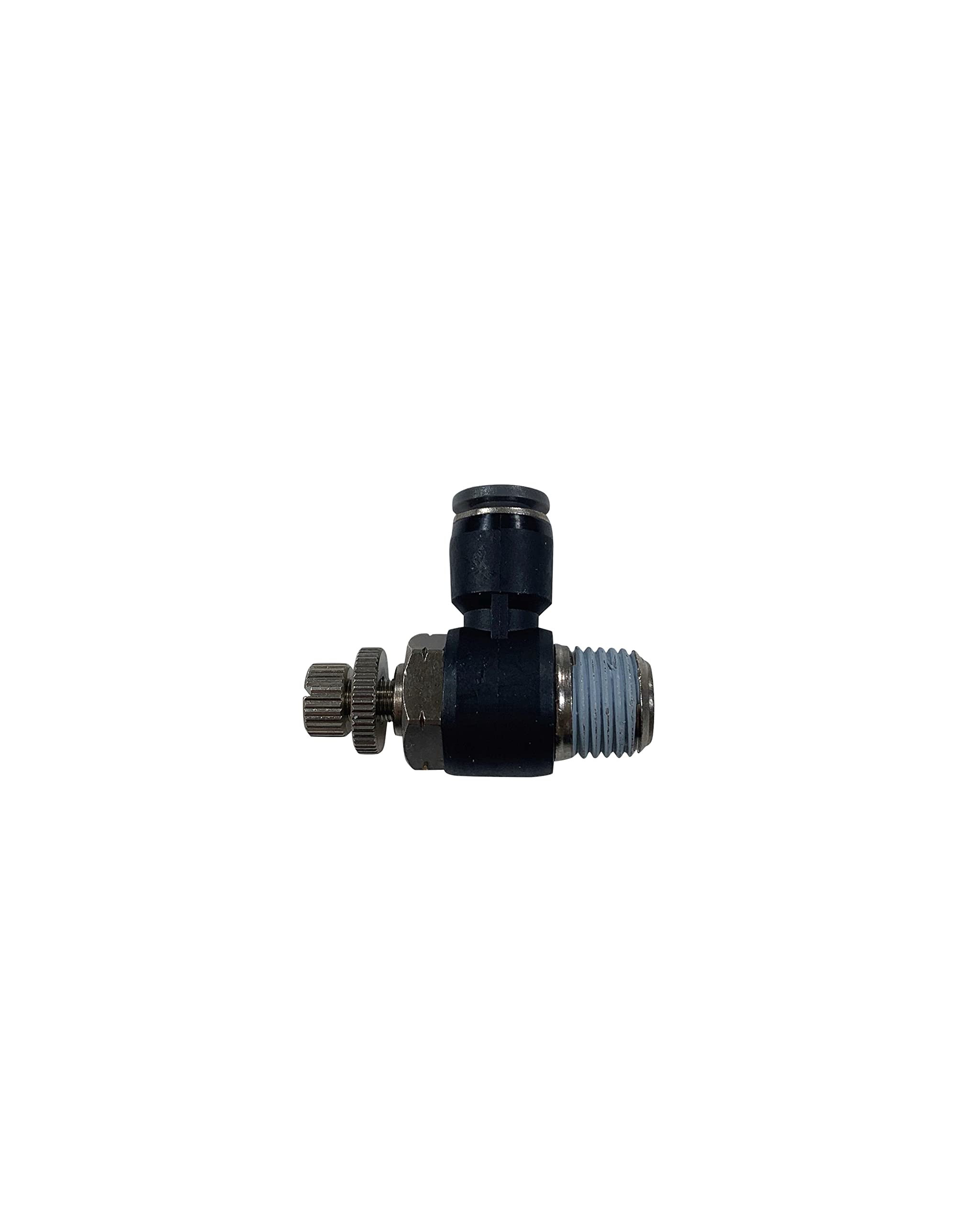1/4 Tube OD" x 1/4" MNPT Brass Composite Right Angle Air Flow Control Valve, Push To Connect Pneumatic Fitting, Free Flow Out (QTY 1)